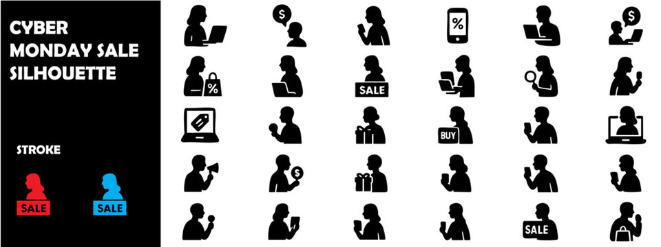 Cyber Monday Sale Silhouette Vector Set – Online Shopping, Discount, and E-Commerce Icons