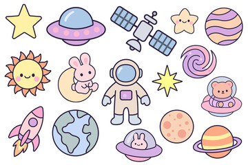 Cute Kawaii Space Clipart – Astronaut, Planets, UFO & Stars