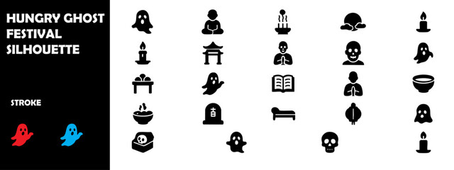 Hungry Ghost Festival Silhouette Vector Set – Asian Spiritual Ritual, Lanterns, and Ancestor Worship Icons