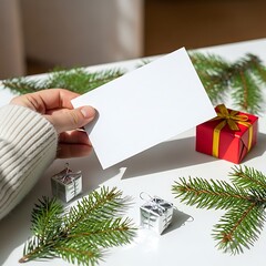 Horizontal Card Mockup in Hand with Christmas Decor