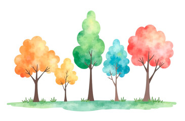 Watercolor trees in minimalist style, highlighted on a white background. It is ideal for creating backgrounds, children's illustrations, educational materials, creative projects.