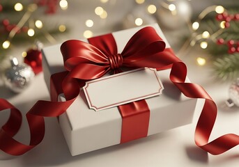 Christmas Gift Box Mockup Red Ribbon Blank Tag