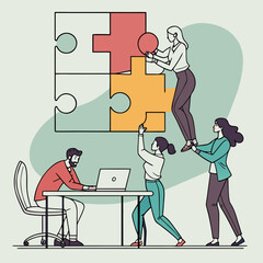 Vector of teamwork building puzzle pieces together for business solution
