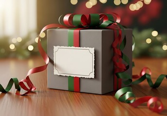 Dark Gift Box Mockup Red Green Ribbon Wooden Table
