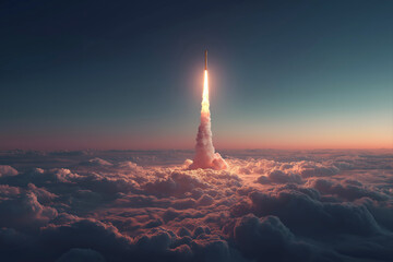 Beautiful Vertical Shot of a Rocket Blasting Off Into the Sky From Above a Vast Sea of Soft, Glowing Clouds