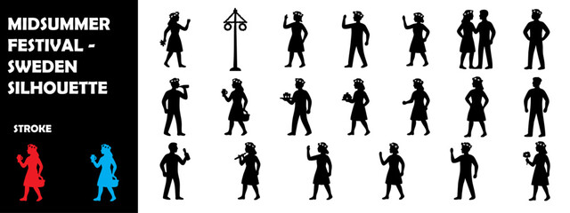 Midsummer Festival Sweden Silhouette Vector Set – Flower Crown, Dance, Bonfire, and Cultural Celebration Icons