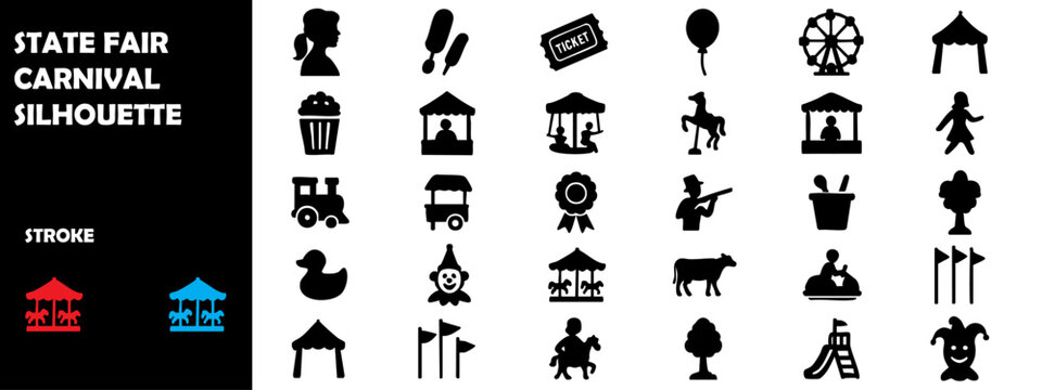 State Fair Carnival Silhouette Vector Set &ndash; Ferris Wheel, Rides, Food Stalls, and Festival Icons