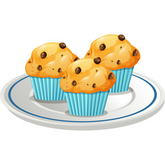 Three Delicious Chocolate Chip Muffins Served on a White Plate with Blue Rim and Transparent Background