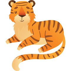 Stylized illustration of a tiger lying down with eyes closed in a relaxed pose featuring orange and black stripes against a transparent background