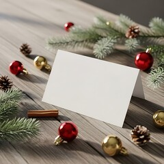 Horizontal Christmas Card Mockup Rustic Wooden Table