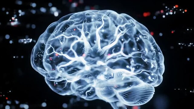 A mesmerizing, translucent 3D abstract intelligence construct, resembling a brain, with glowing neural pathways, white and blue light pulsating, red flashes, and luminous data streams against a deep
