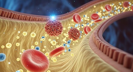 Microscopic blood vessel showing cells, virus, and cholesterol