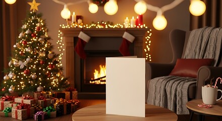 Vertical Christmas Card Mockup Cozy Fireplace Living Room