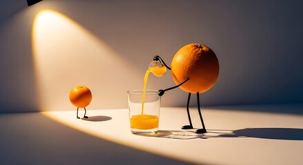 Playful orange character pouring fresh juice into a glass, fun