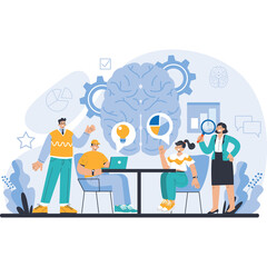 Team Brainstorming Session With Gears and Brain Icon Illustrating Cognitive Processes For Idea Generation And Strategic Planning In A Modern Office Setting