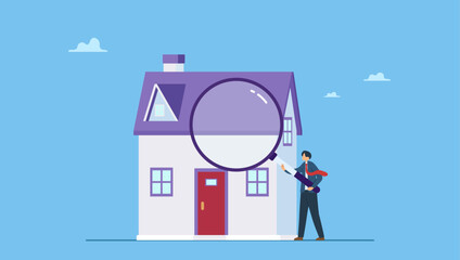 Smart businessman using magnifying glass zooming to see house or residential details. Searching for new house, look for real estate and accommodation valuation or new rent and mortgage.