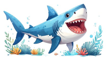 Obraz premium Cartoon shark illustration with open mouth, smiling and with some sea plants