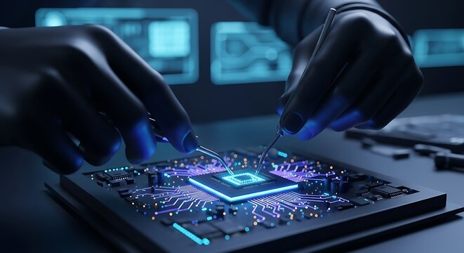 Engineer working on glowing microchip circuit board with tools