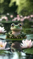 Bright green frog sits on lily pad in a serene water setting