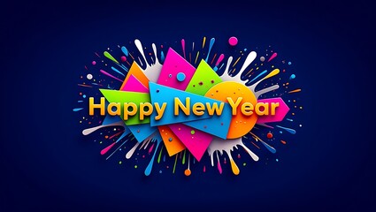Festive Happy New Year celebration with abstract shapes and confetti explosion