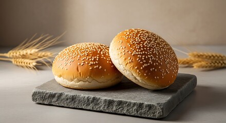 Freshly baked sesame seed hamburger buns on stone with wheat stalks.