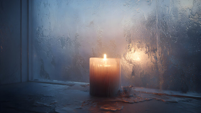 Candle glowing behind frosted pane, volumetric diffusion and cinematic softness