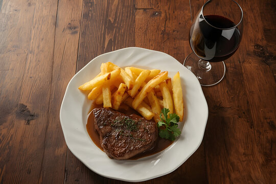 Steak dinner with wine. Rustic wooden tabletop with rump steak and fries dinner on white china plate with glass of red wine.