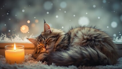 Cozy cat sleeping peacefully by a candle in a winter scene