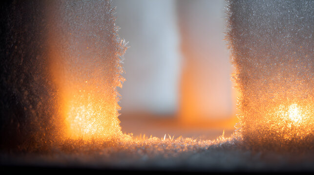 Candlelit window frame with frosty edges, soft shadows and glowing diffusion, intimate seasonal mood