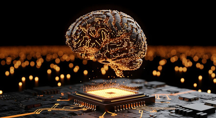 Artificial Intelligence Concept: A 3D rendering of a glowing digital brain connected to a powerful CPU, symbolizing machine learning, neural networks, and futuristic technology.