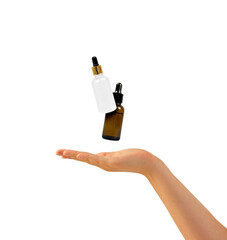 elevated bottles on palm hand, premium cosmetic product showcased with studio professional lighting, highquality image of skincare containers for online advertising and influencer promotion