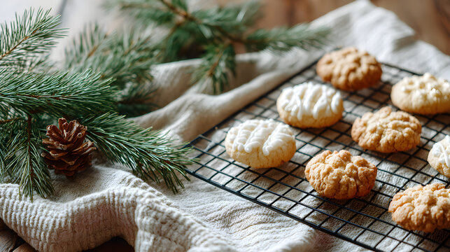 Christmas cookies cooling on rack beside pine sprigs, lifestyle daylight composition and homely charm