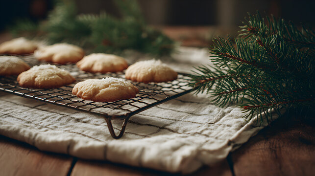 Christmas cookies cooling on rack beside pine sprigs, lifestyle daylight composition and homely charm