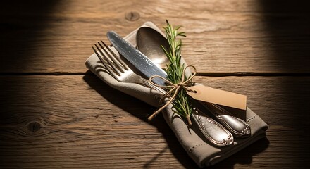 Elegant rustic table setting with cutlery, napkin, rosemary