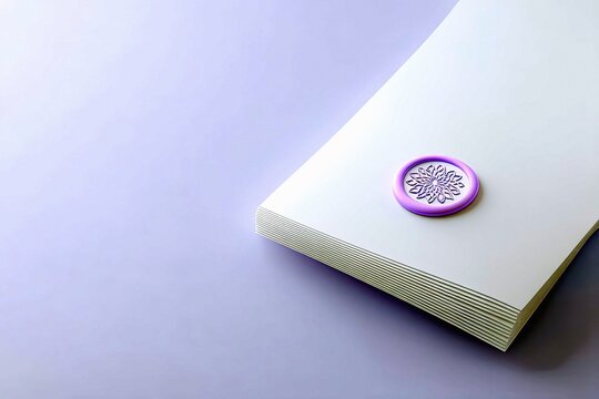 A stack of white paper is adorned with a purple wax seal imprinted with a floral pattern, set against a soft purple backdrop. - Powered by Adobe