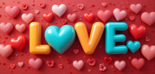 Text LOVE Realistic 3D Colorful Romantic Valentine Hearts on a Red or Pink Background