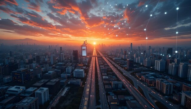Aerial view of a city skyline at sunset with a vibrant sky and digital network connections