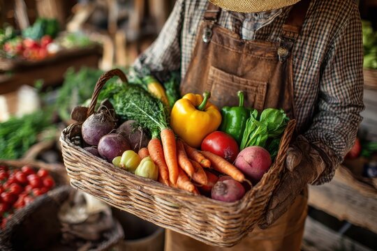 Farmer carrying a basket filled with freshly harvested vegetables in a rustic farm setting during daylight hours