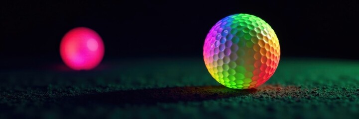Close-up vibrant neon golf ball, illuminated against black backdrop, equipment, lighting, golfing