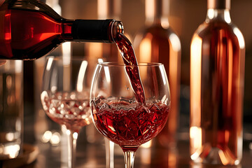 Pouring rose wine into glasses from a bottle