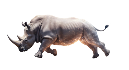 A majestic rhino strides across darkness aglow