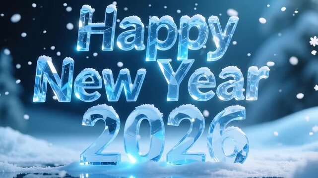 Experience the magic of New Year 2026 with this cool animation of ice letters and snowflakes falling softly, perfect for holiday promos and greetings