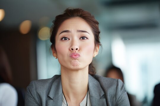 Businesswoman pursing lips thoughtfully while observing a presentation, analyzing the speaker’s idea.
