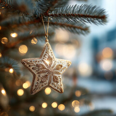 Golden star ornament hanging on Christmas tree branch with glowing festive bokeh lights