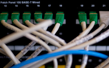 Close-up of network cables crossing in switch for internet