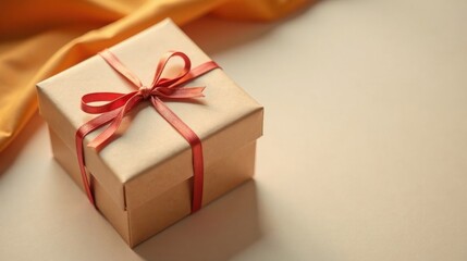 Fototapeta premium A thoughtfully wrapped present, a gift box with a delicate coral ribbon, subtly positioned against a warm-toned backdrop