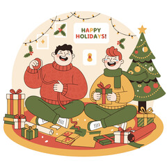 Two Cheerful Men Opening Presents Beside a Decorated Christmas Tree Surrounded by Gifts and Wrapping Paper on a Festive Holiday Occasion