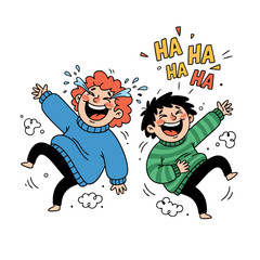 Two children laughing with tears of joy jumping in the air with ha ha ha text above them on a black background