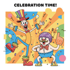 Two clowns celebrating with confetti and balloons in a vibrant sunburst background with party hats and foam fingers joyous atmosphere