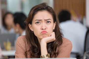Businesswoman pursing lips thoughtfully while observing a presentation, analyzing the speaker’s idea.